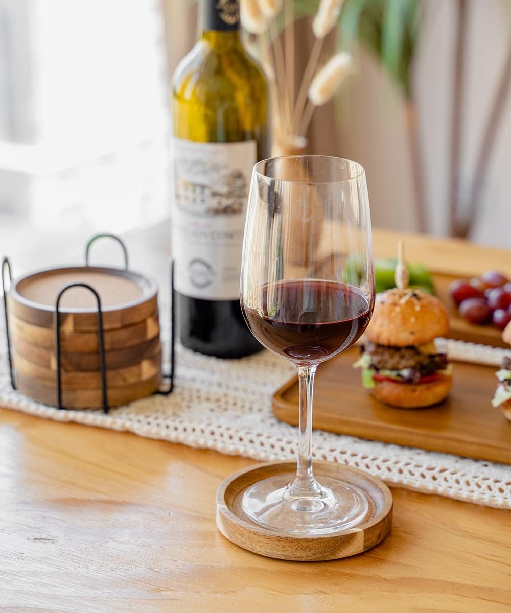 Coasters for Drinks Absorbent with Holder, Acacia Wood Cork Coaster for Coffee Table Wooden Table Coaster for Farmhouse Desk Extra Large Coasters, Set of 6