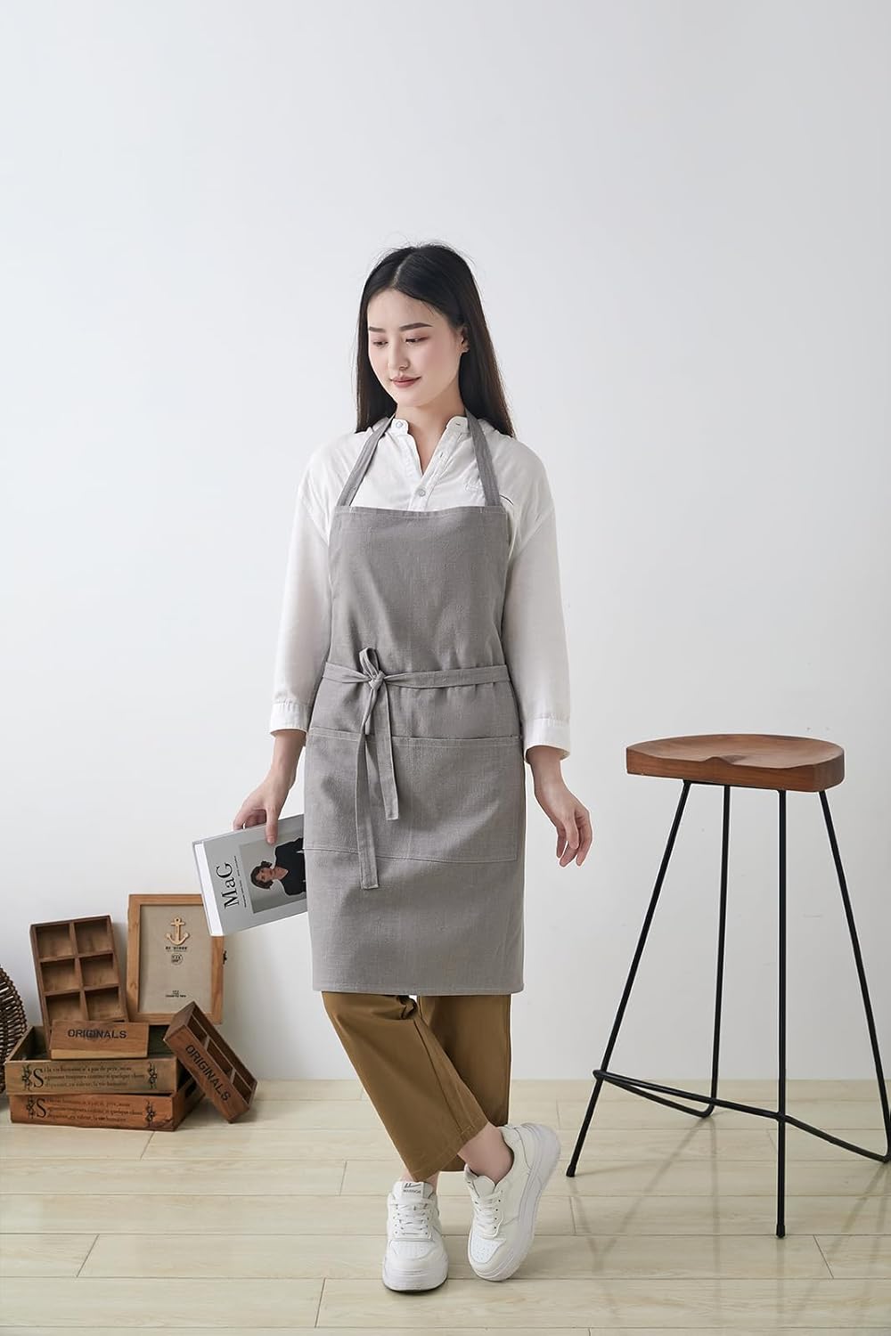 Cotton Linen Apron for Women - Adjustable Casual Apron with Pocktes, Great for Florist, Coffee House and Kitchen