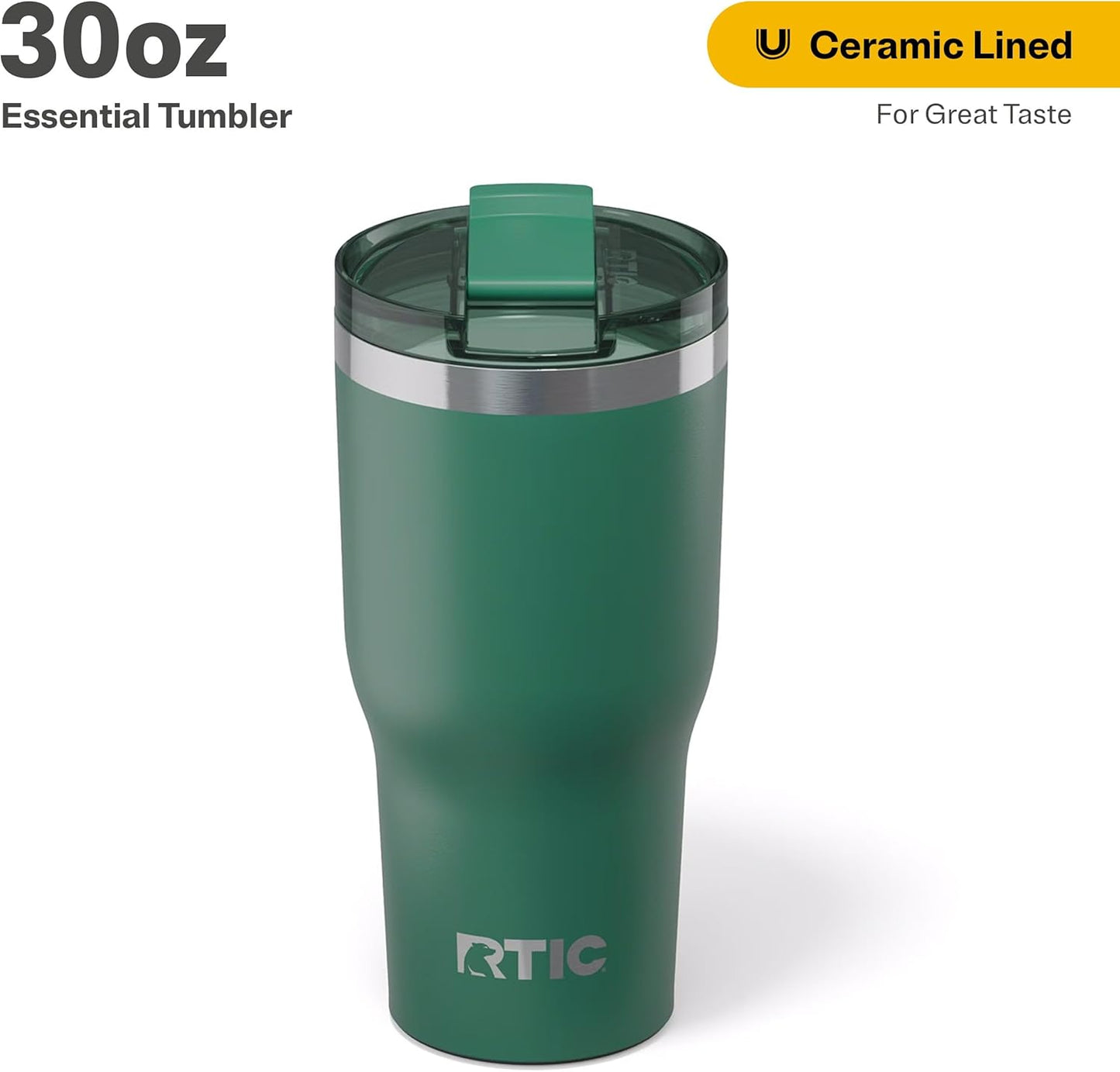 RTIC 30oz Essential Tumbler with Lid, Insulated, Stainless Steel, Metal, Double Wall Vacuum-Insulation, Ceramic Lined, Travel Cup for Iced Coffee, Tea, Hot and Cold Drink, Pine Tree