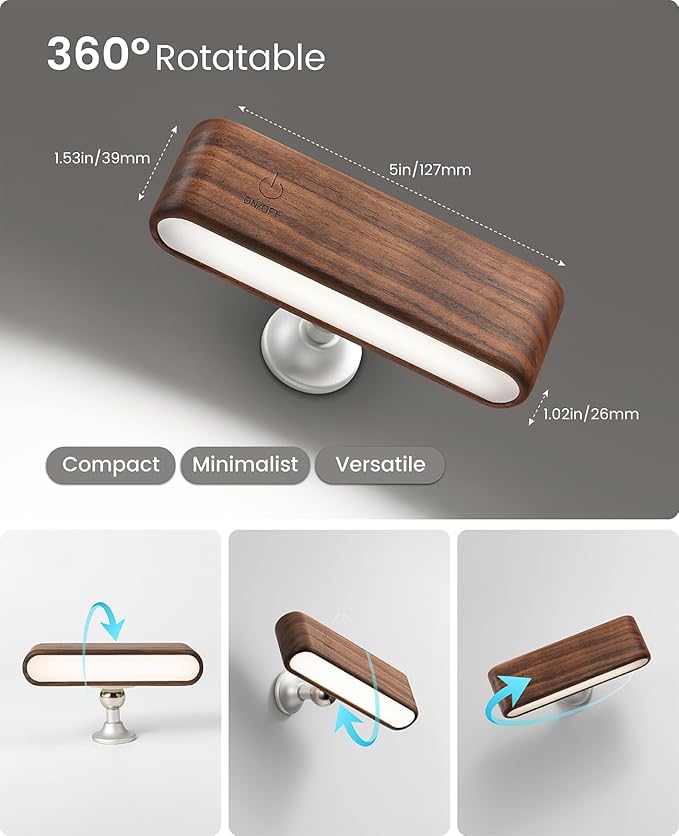 Wood LED Wall Sconce Magnetic 360°Rotate Mounted Mini Lamp Brightness - Image 3