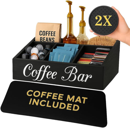 Barista Emperor® SUPER PACK Coffee Bar Organizer for Countertop, Silicone Mat and 2X Silicone Coasters - Tea Organizer Station with Removable Drawers - Office Coffee Station for Countertop