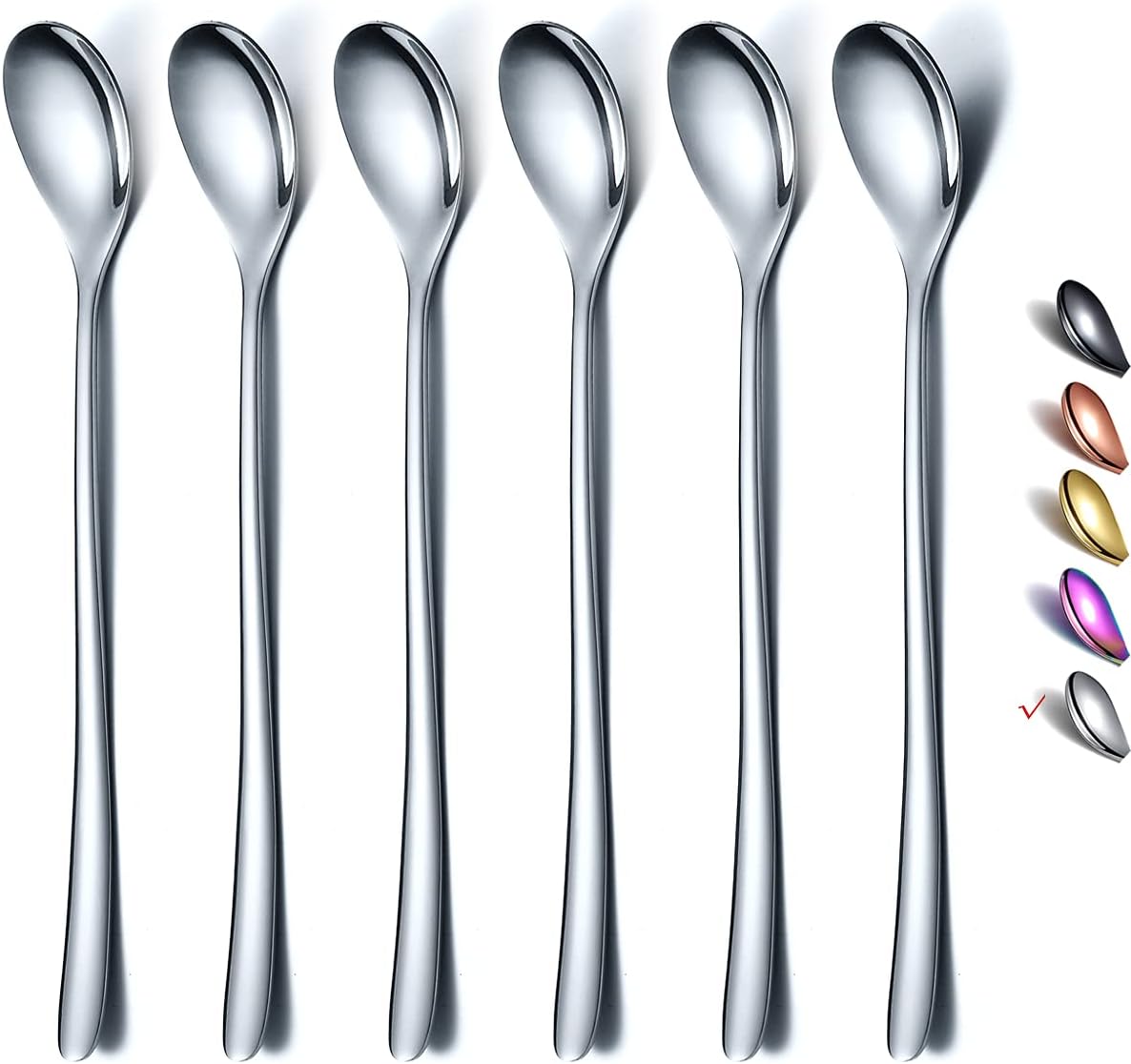 Premium Stainless Steel Coffee Stirrer Set, Long Handle, Ice Tea & Cream Spoons, Cocktail Stirrer - Set of 6 (Silver)