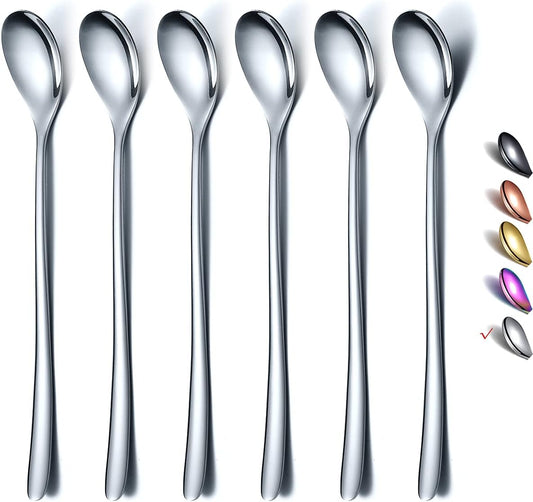Premium Stainless Steel Coffee Stirrer Set, Long Handle, Ice Tea & Cream Spoons, Cocktail Stirrer - Set of 6 (Silver)