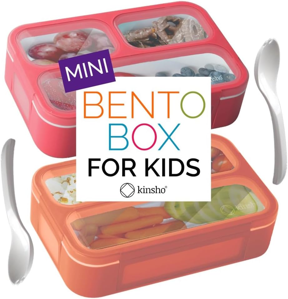 kinsho MINI Bento Box Snack Containers for Kids Small Lunch-Boxes for Girls Boys | Leakproof Toddler Containers for Pre-School Baby Day-Care or Adults | BPA Free 3 Compartments | Pink Coral - Orange
