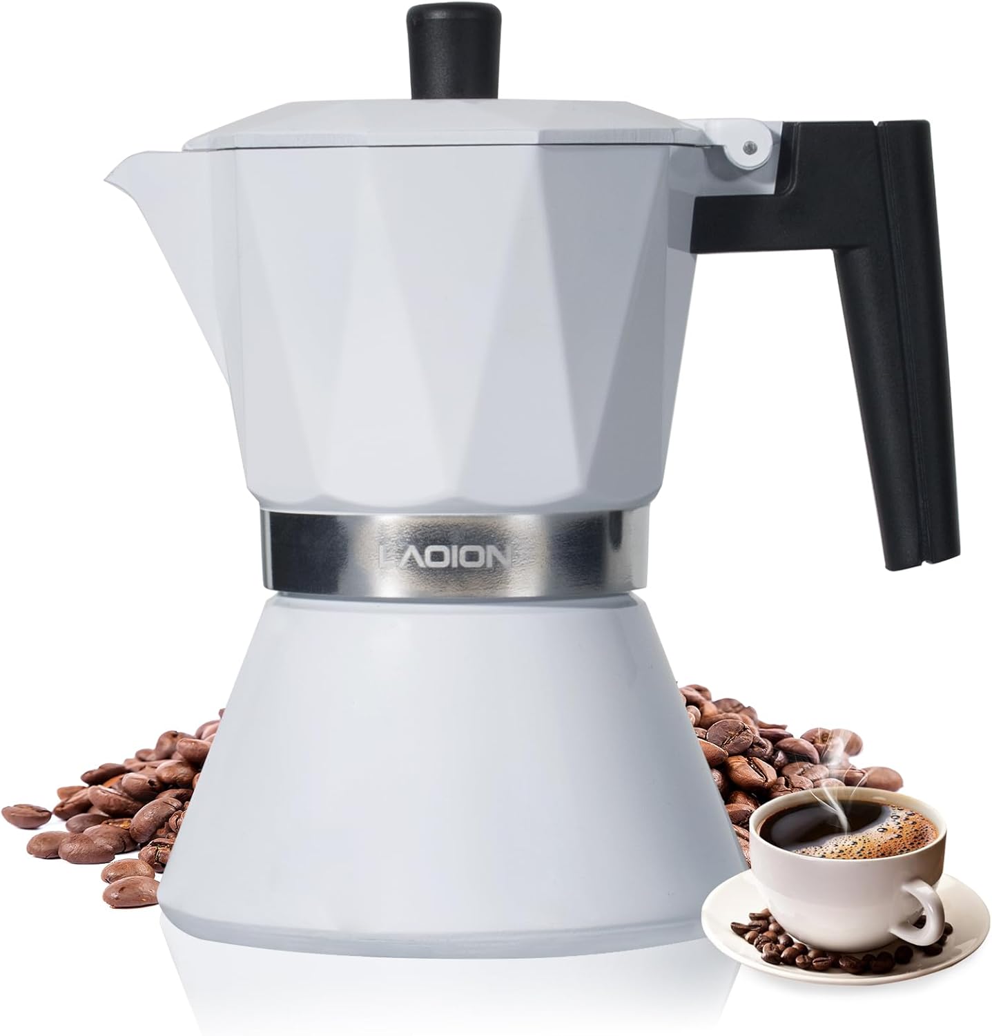 Moka Pot, 6-Cup Espresso Maker, 300ml Portable Stovetop Espresso Maker, Percolator Coffee Pot Compatible with Induction Cooktops, Suitable for Home and Camping (White)