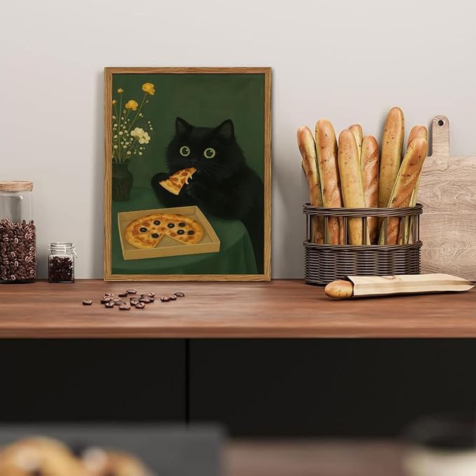Funny Black Cat Wall Art Whimsical Black Cat Eating Pizza Wall Decor Cute - Image 7