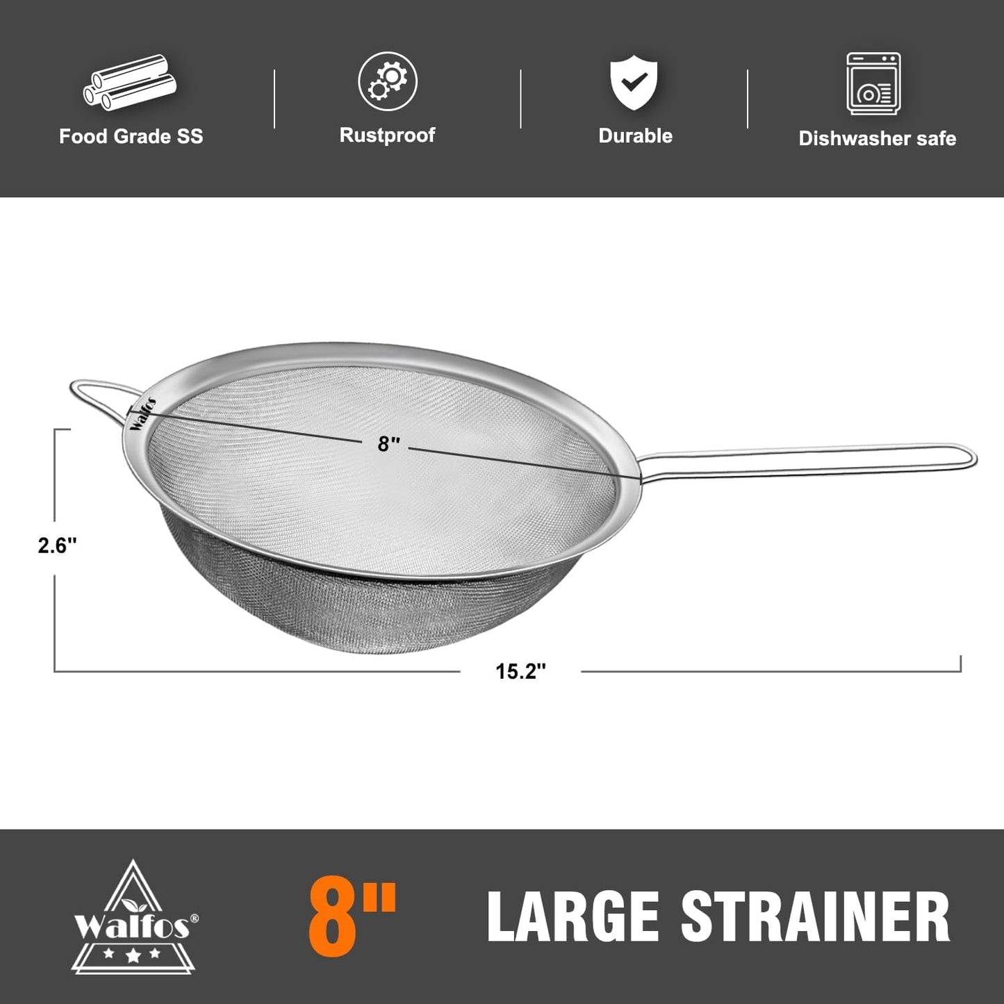 Walfos 8 Inch Fine Mesh Strainer, Premium Stainless Steel Colanders and Sifters, with Reinforced Frame and Sturdy Handle, Perfect for Sift, Strain, Drain and Rinse Vegetables, Pastas and Tea