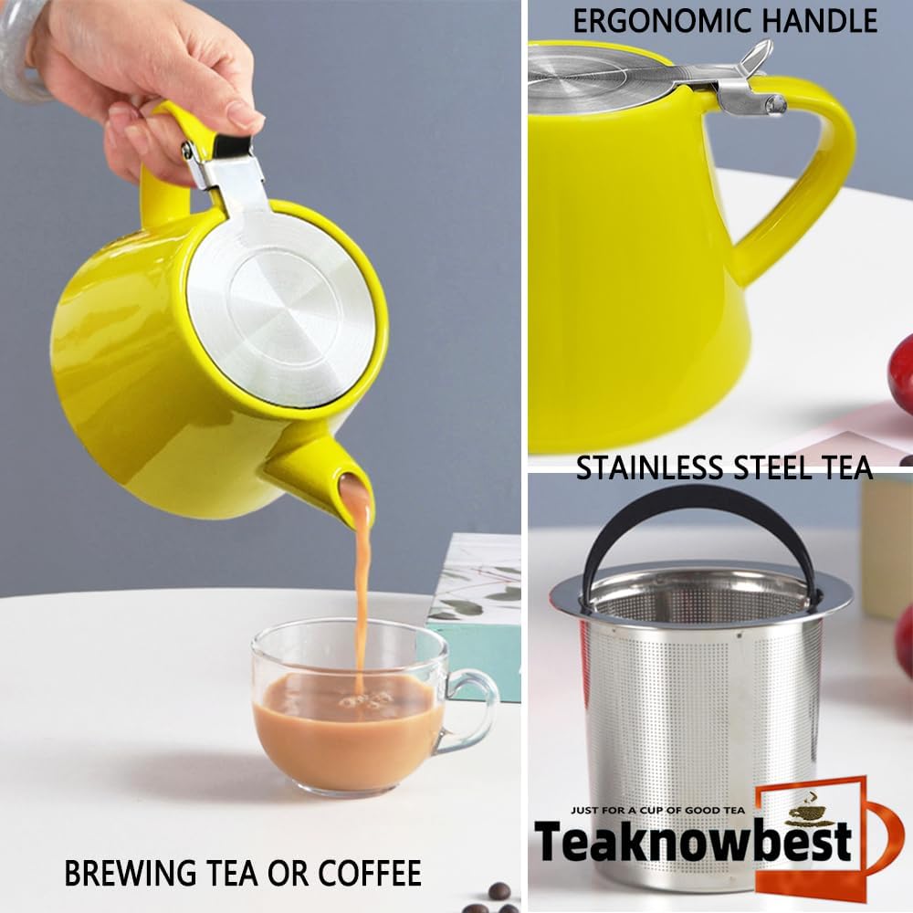 Ceramic teapot, 19oz Tea pot for loose leaf tea, Tea infuser pot with Removable 18/8 Stainless Steel Infuser and teaspoon, Suitable for 1-2 people to brew tea or coffee (yellow)