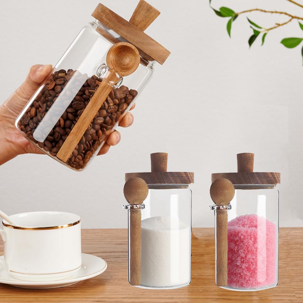 Set of 3 Glass Jars Containers with Wooden Handles Lids and Scoop Clear Canister Jars Set with Spoon for Kitchen Food Storage Coffee Tea Sugar Decorative Countertop Organization Jars 25 oz