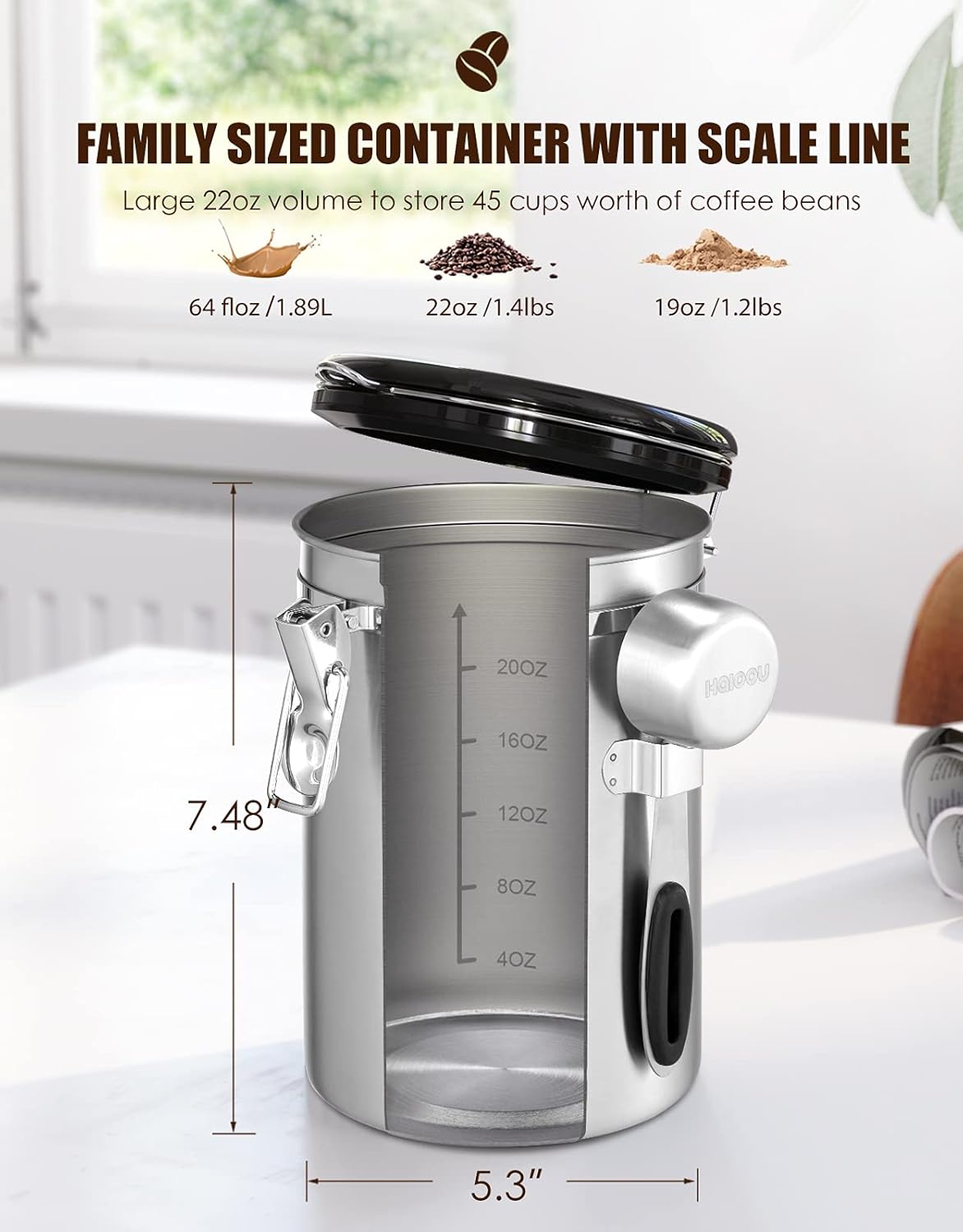 Airtight Coffee Canister, HAIOOU 22OZ Large Stainless Steel Coffee Bean Storage Container with Date Tracker, Measuring Scoop, 6Pcs CO2 Valves and Mini Tongs for Beans, Grounds, Sugar and more - Silver