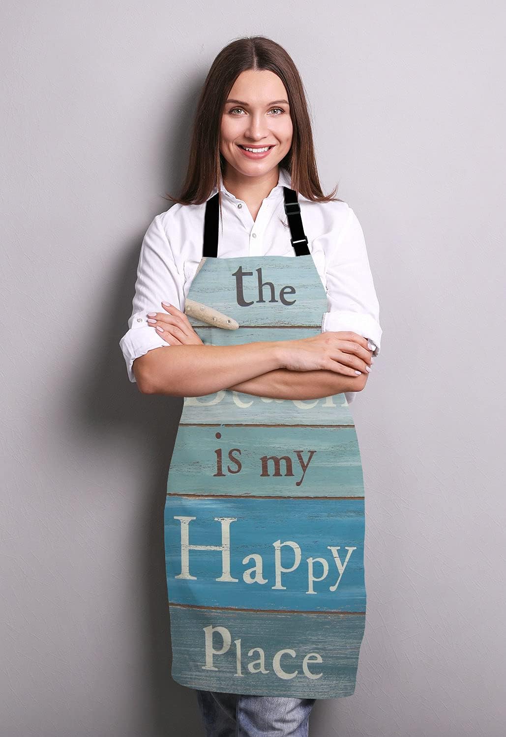 The Beach Is My Happy Place Bib Apron with Adjustable Neck for Men Women,Suitable for Home Kitchen Cooking Waitress Chef Grill Bistro Baking Apron
