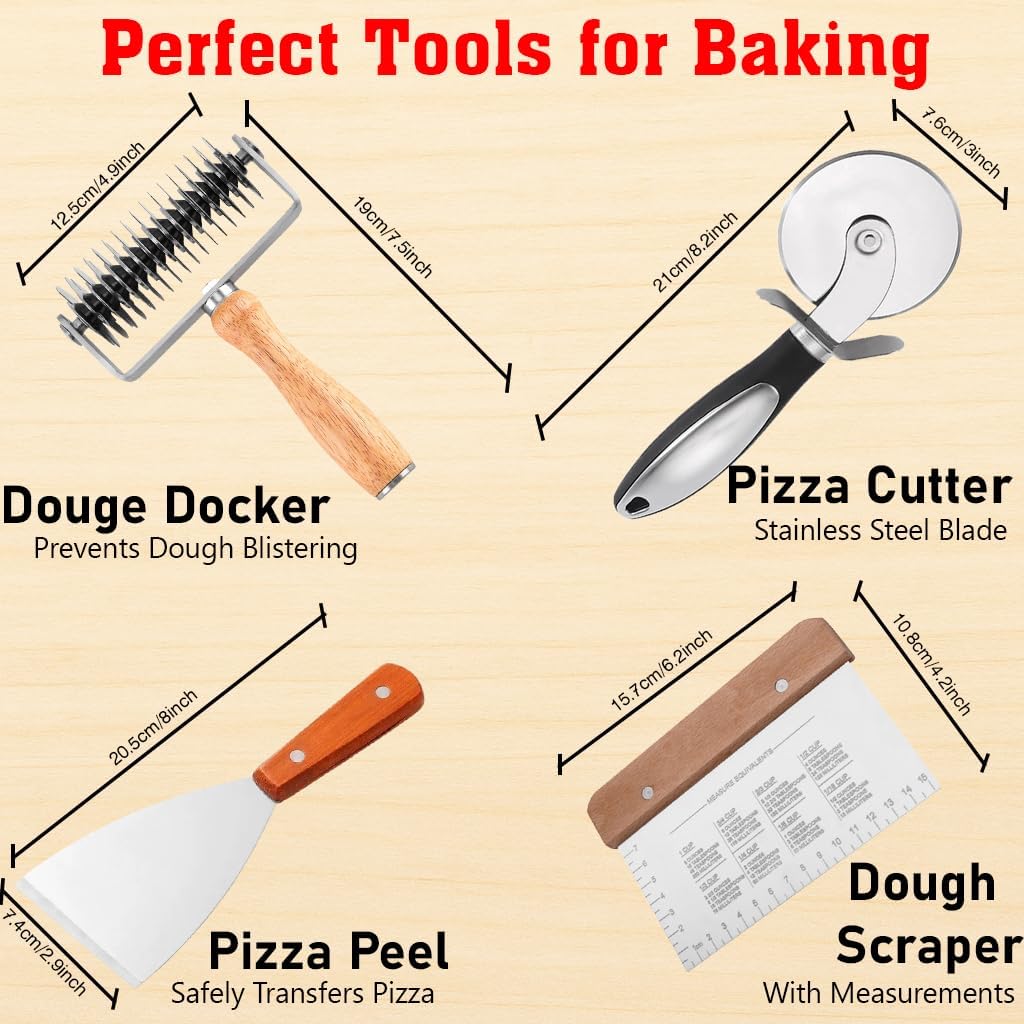 4 PCS Lattice cutter pastry tool roller with bench scraper and pizza cutter – stainless steel wood handle for pie top crust rolling, puff pastry, sourdough, bread, kitchen tools