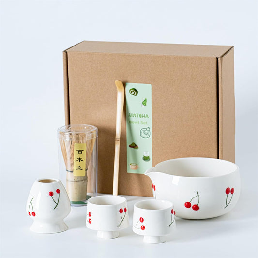 Red Cherries Matcha Whisk Set with Matcha Bowl, Bamboo Whisk, Scoop, and Whisk Holder, Hand-Painted Cute Matcha Set for Matcha Lovers & Tea Ceremony
