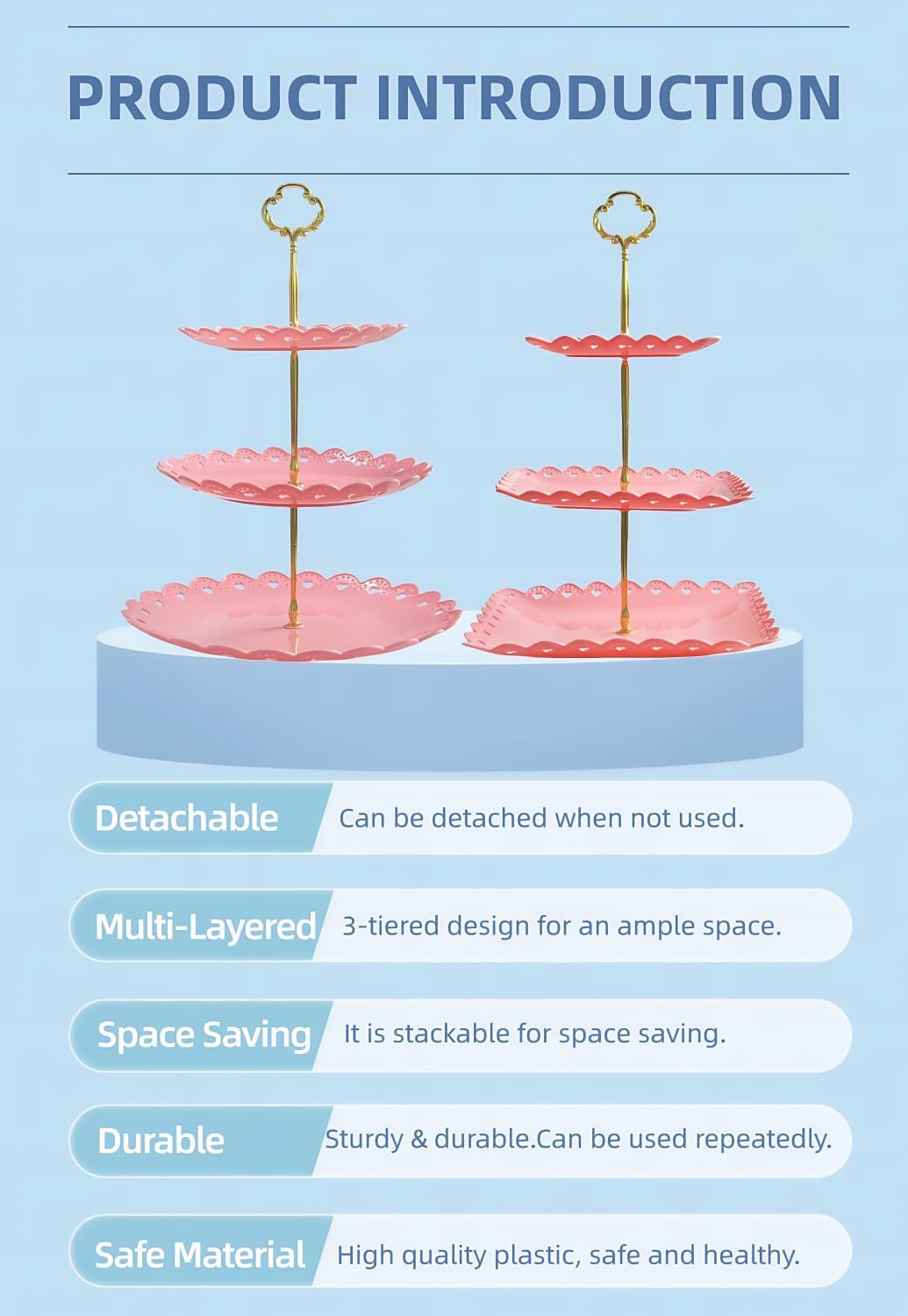 RAUVOLFIA 2 Pack of Plastic Round & Square Dessert Cupcake Stand, 3 Tier Cup Cake Holder Tower for Tea Party/Birthday/Wedding, Plastic Tiered Serving Tray (Pink)