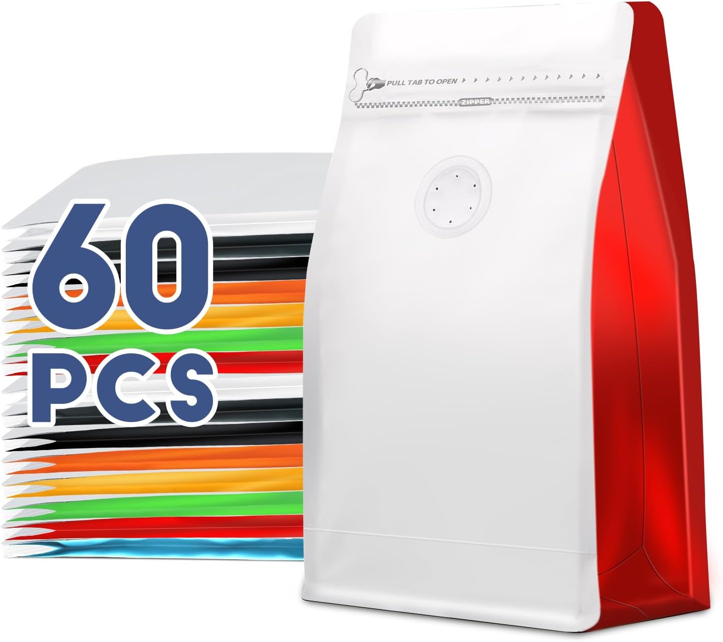 Coffee Bags with Valve(60pcs,8 oz,1/2 lb) Vented Coffee Beans Packaging Bags High Barrier Aluminumed Foil Flat Bottom Heat Sealed Side Zipper Resealable Storage Bag for Home or Business (White+Red）
