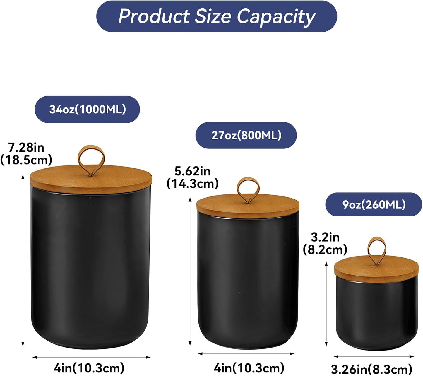 Ceramic Storage Jars, Modern Elegant Highly Polished Airtight Gorgeous Storage Canisters with Wooden Lid Small Food Stroage Jar for Kitchen Spice Tea Vanilla Sugar Coffee Beans (Black-3Pcs)