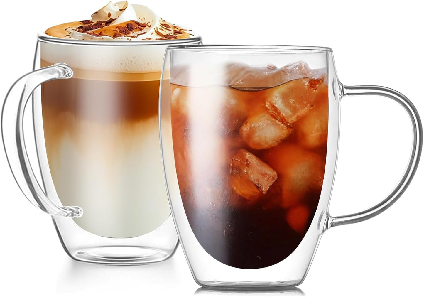 12OZ Double Wall Glass Cups With Handle, Large Glass Mugs Espresso Cups Set of 2, 330ML Clear Coffee Cup, Double Wall Insulated Mugs, Microwave Dishwasher Safe