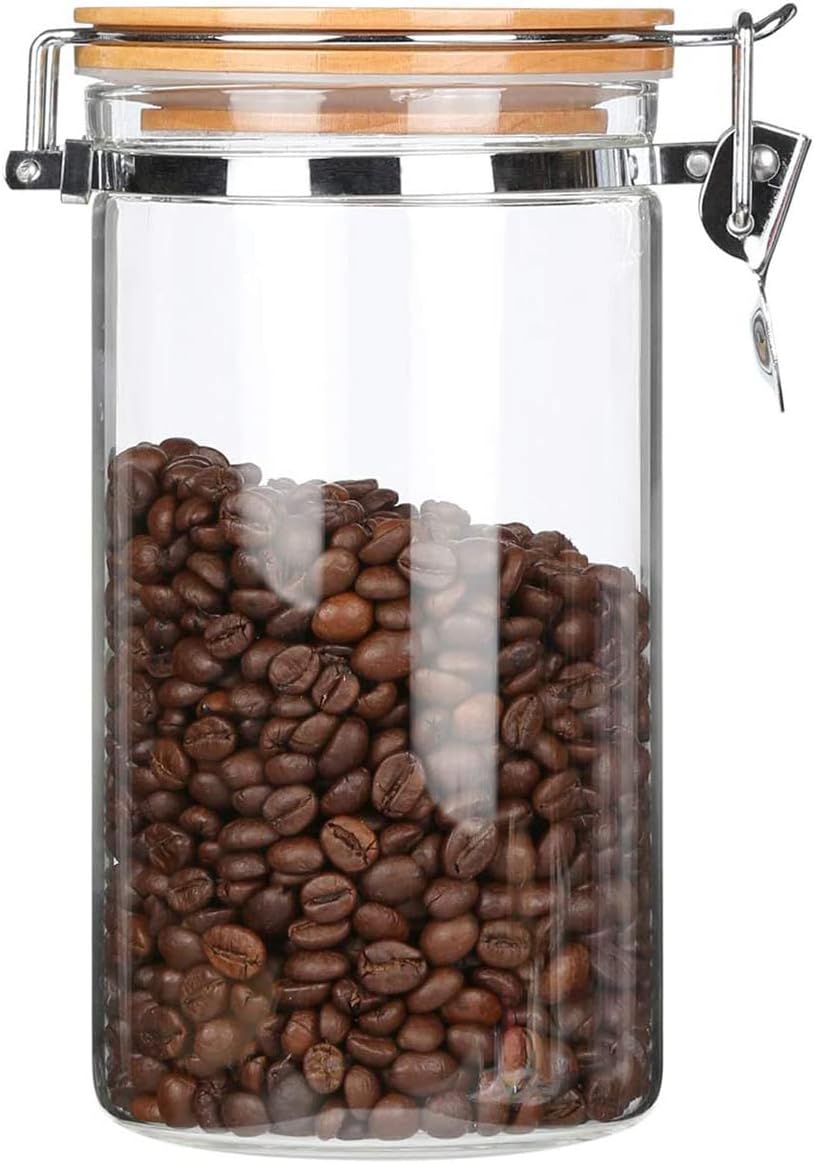 KKC Clear Borosilicate Glass Food Storage Jar Canister Container with Airtight Locking Clamp Bamboo Lid,Coffee Bean,Loose Tea,Nut Container,Sealed Jar Hinged Lid for 16oz Coffee Bean,40 Fluid-oz