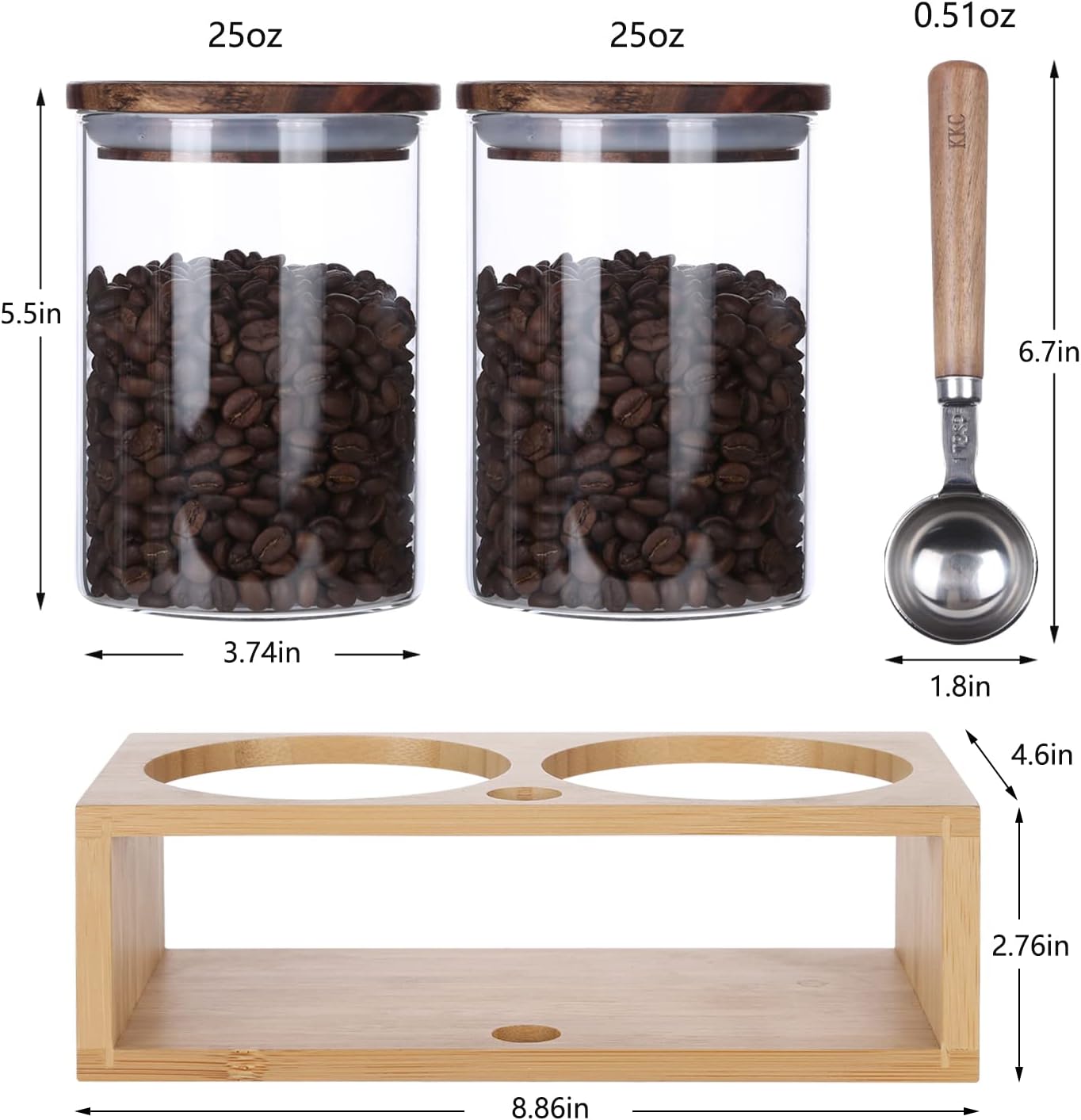 KKC HOME ACCENTS Clear Borosilicate Glass Glass Storage Jars with Airtight Wood Lids,Air Tight Sealed Wooden Top Glass Jars with Spoon for Coffee,Tea,Sugar, 25 OZ (750 ml)