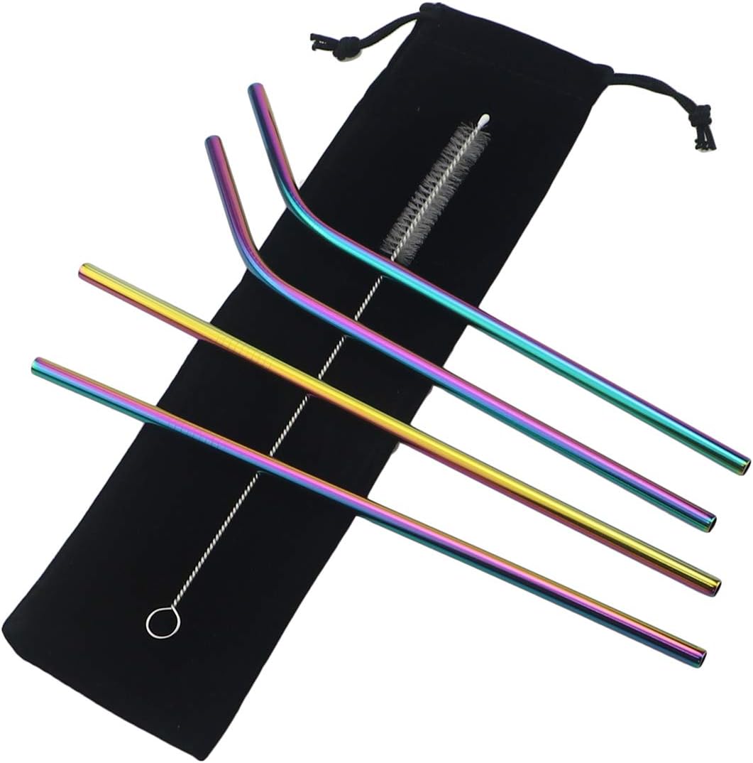 Gugrida Metal Straws Stainless Steel Straws 8.5" Drinking Straws Reusable 4 Set - Ultra Long Muti Color-Cleaning Brush for 20/30 Oz for Trail Tumblers Yeti RTIC SIC Ozark (2 Straight|2 Bent|1 Brush）