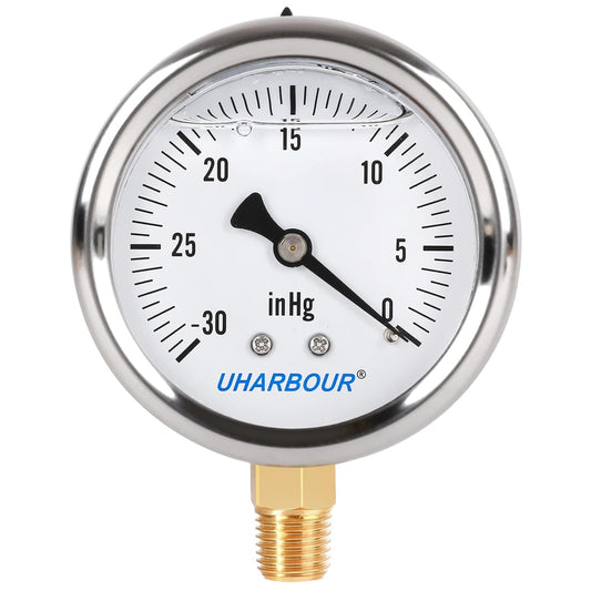 Glycerin Filled Pressure Gauge with 304 Stainless Steel Case, 2.5" Dial Size, 30InHg/0, High Accuracy, 1/4" NPT Center Lower Mount with Single Scale…