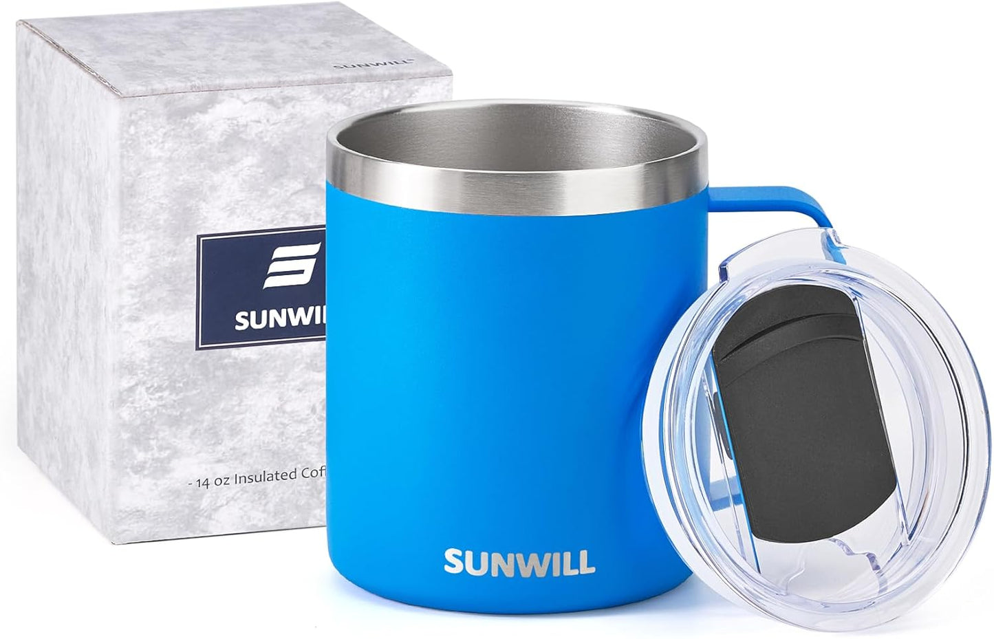 SUNWILL Insulated Coffee Mug with Lid, Travel Tumbler with Handle, 14 oz Stainless Steel Cup for Camping, Office, Home, Powder Coated Royal Blue