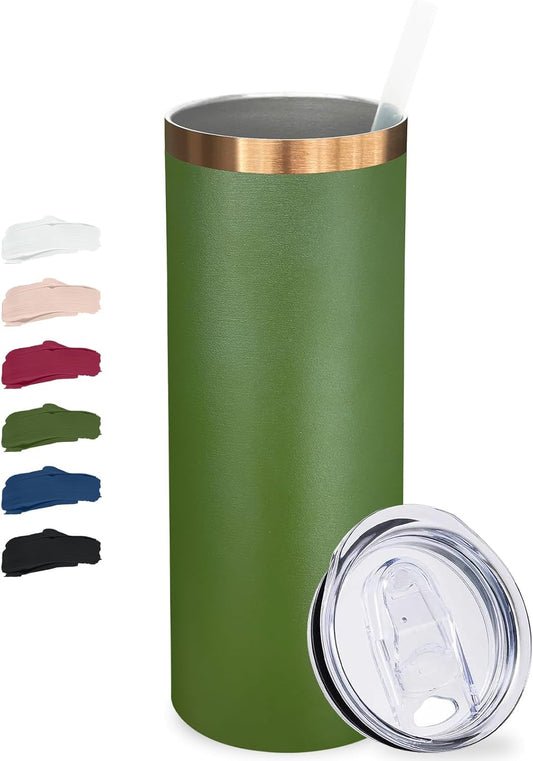 20 oz Skinny Tumblers Bulk, Stainless Steel Insulated Tumbler with Lids and Straws, Slim Double Wall Powder Coated Travel Coffee Mugs, Reusable Cup for Hot and Cold Drinks (Army Green,1 pack)