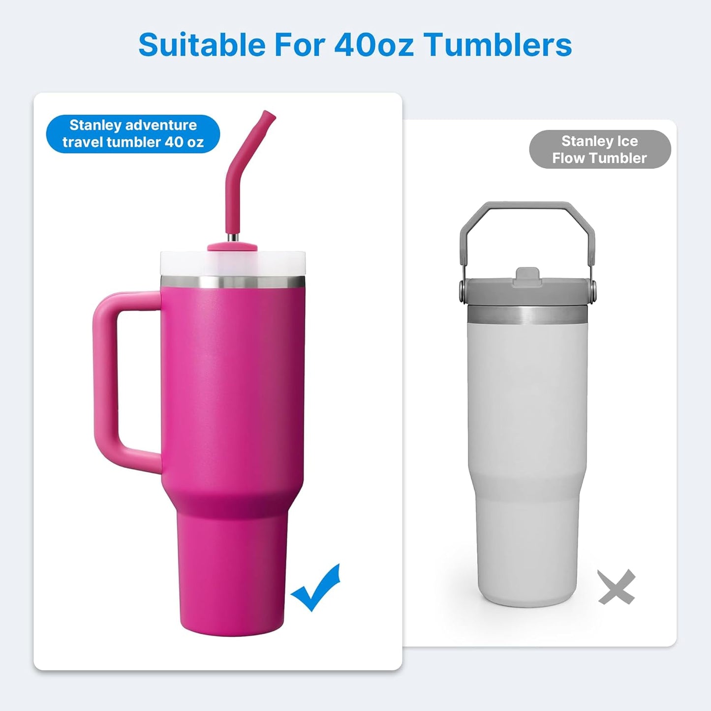 Metal Straw with Silicone Tip for 40oz Stanley Cup, 2 Pcs Stainless Steel Straws Replacement for Stanley 40 oz Adventure Quencher Travel Tumbler Cup, 1 Straw Brush (Fuchsia Red)