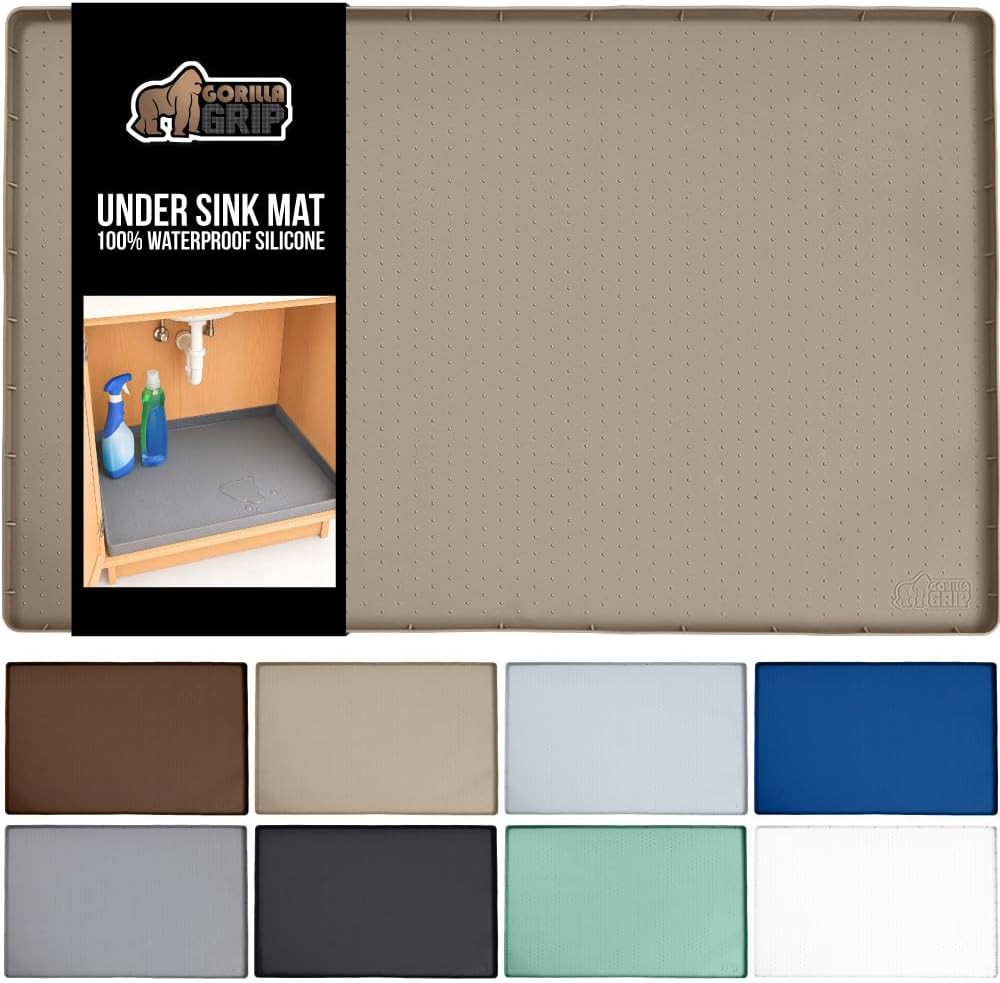 GORILLA GRIP Waterproof Silicone Under Sink Mat with Raised Lip for Kitchen and Bathroom, 31 x 22 in, Cabinet Shelf Liner Stay in Place Mats Dishwasher Safe Drawer Liner, Organizer Tray, Beige