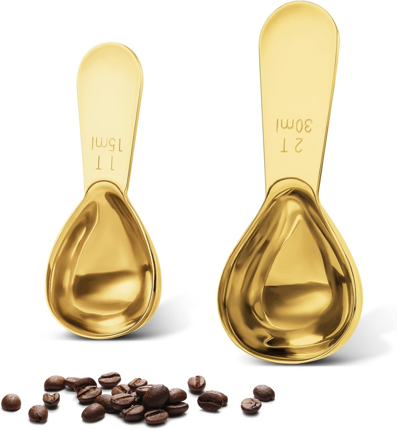 Stainless steel coffee scoop 2-piece set (1 tbsp, 2 tbsp) durable Tablespoon, ergonomic measuring spoon, Suitable for small and large jars，short-handled spoon (Gold)
