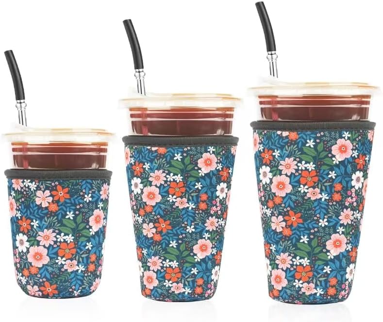 Reusable 3-Pack Iced Coffee Cup Sleeve, Insulated Neoprene, Beverage Holder for Iced Coffee, Durable Drink Sleeve for Cold Beverages, Bloom Garden