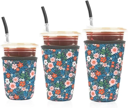 Reusable 3-Pack Iced Coffee Cup Sleeve, Insulated Neoprene, Beverage Holder for Iced Coffee, Durable Drink Sleeve for Cold Beverages, Bloom Garden