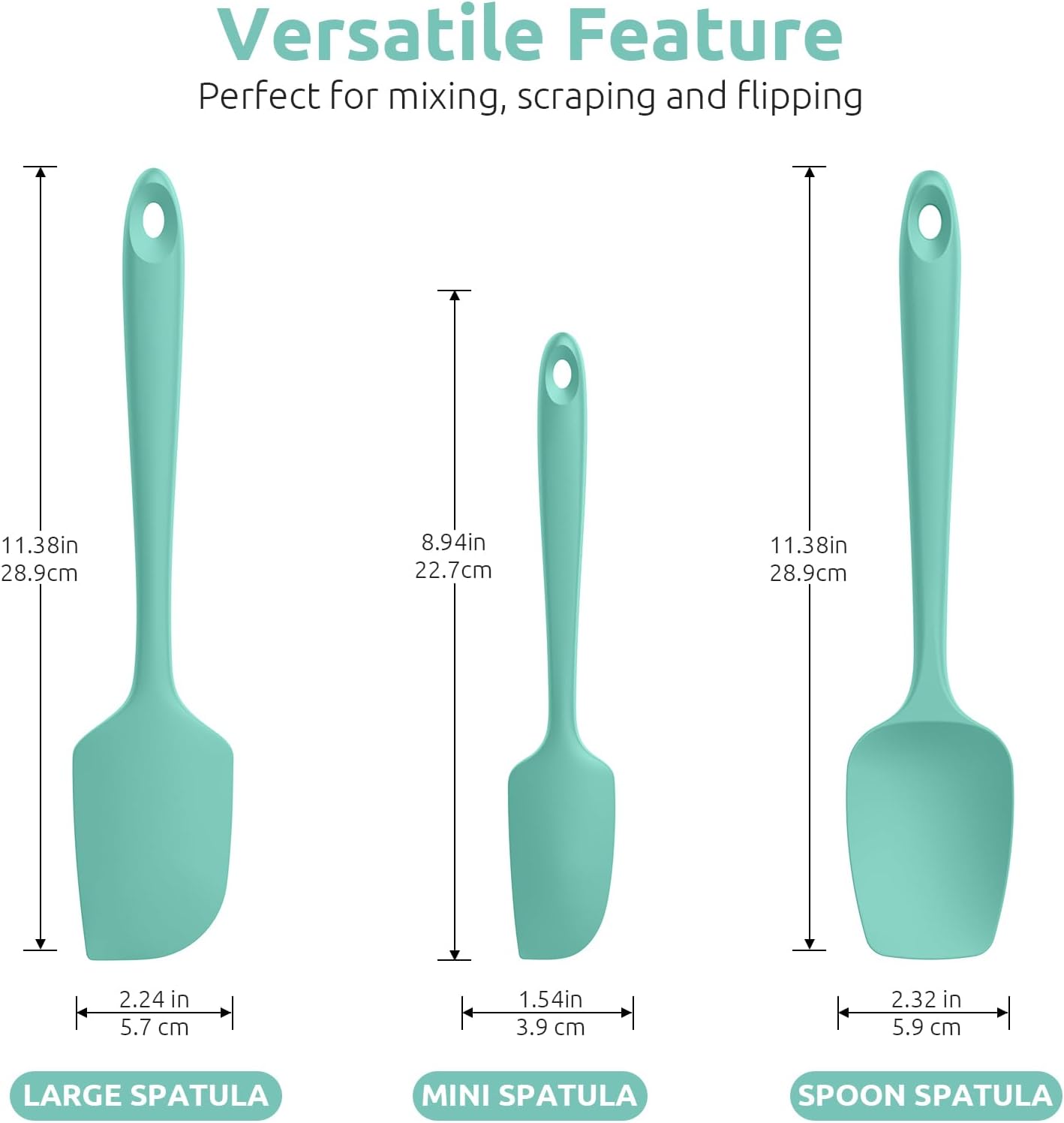 U-Taste Silicone Spatula Set, 600ºF High Heat Resistant, Seamless Food Grade Flexible Rubber Kitchen Cooking Mixing Baking Scraper for Nonstick Cookware Set of 3 (Aqua Sky)