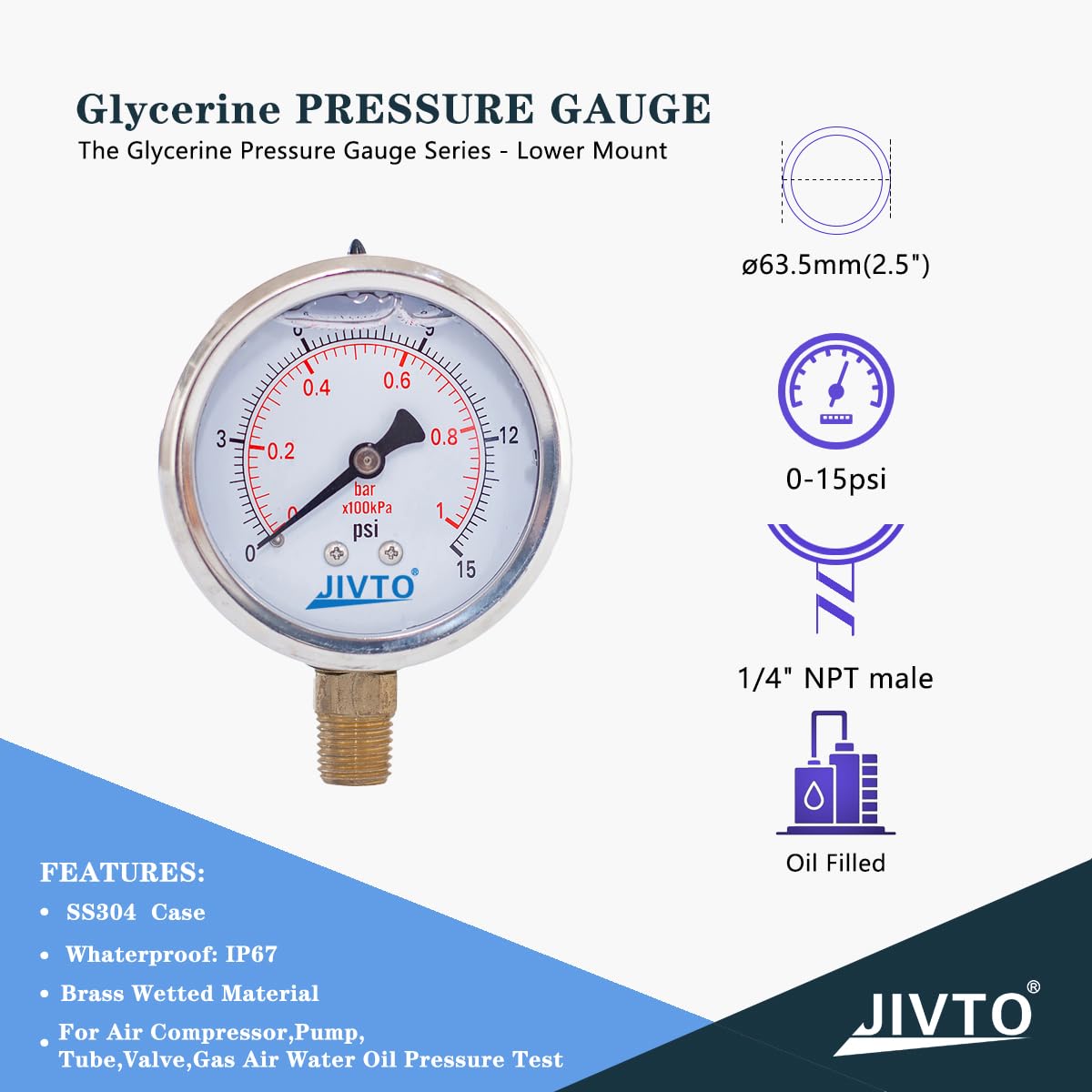 Pressure Gauge,Glycerin Liquid Filled,2.5" Dual Scale Dia,0-15 psi/bar/kpa,1/4" NPT Male Brass Connection,Lower Mount, Stainless Steel Case,for Pneumatic,Pump,Hose,Well Tank,Gas Air Water Oil