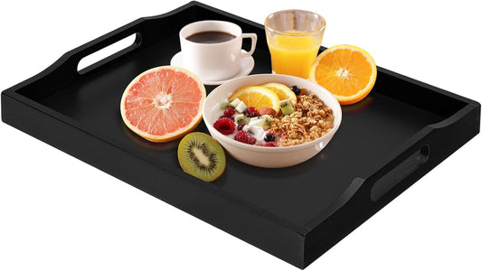 Bamboo Food Serving Tray with Handles, Breakfast Bed Tray for Tea,Snack,Dinner, Home Decorative Storage Food, Platter, Ottoman for Kitchen Counter, Bathroom, Restaurant (Black)