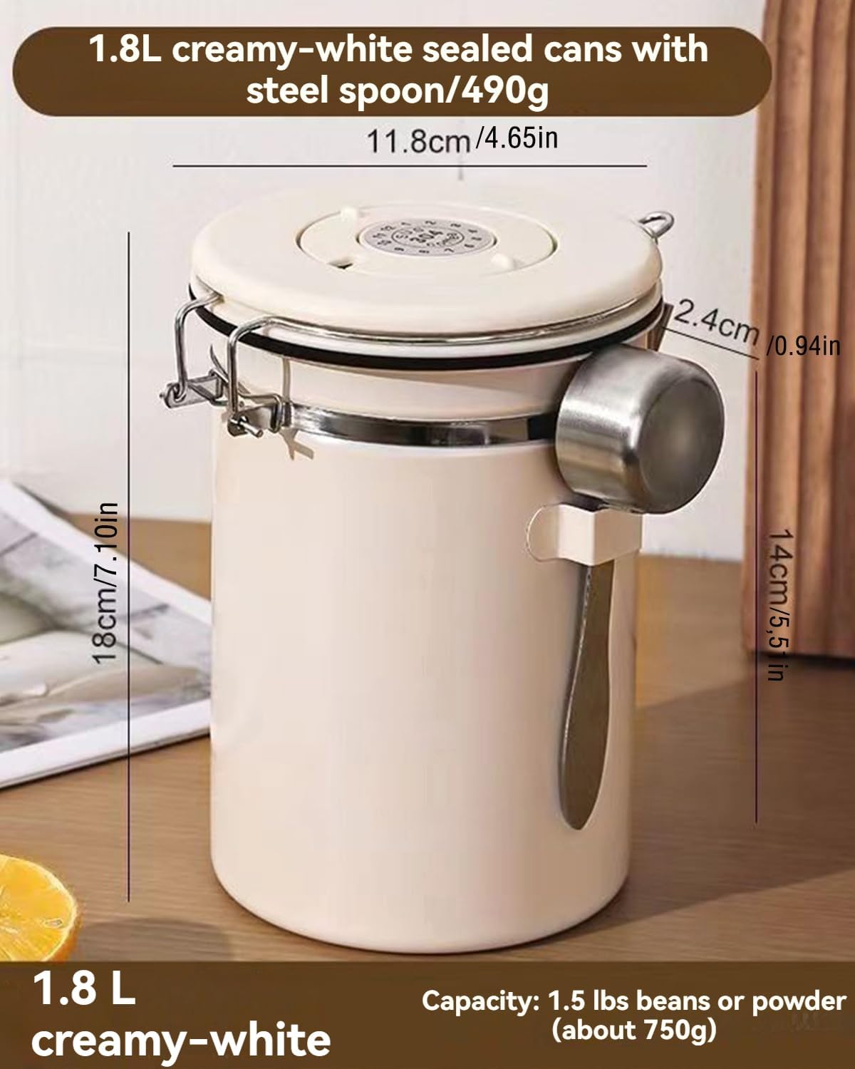 Coffee Canister, Stainless Steel Coffee Bean Storage Container with Date Tracker and Scoop, Kitchen Food Container for Grounds Coffee, Beans, Tea, Flour, Cereal, Sugar, 22OZ (1800ML | Beige)