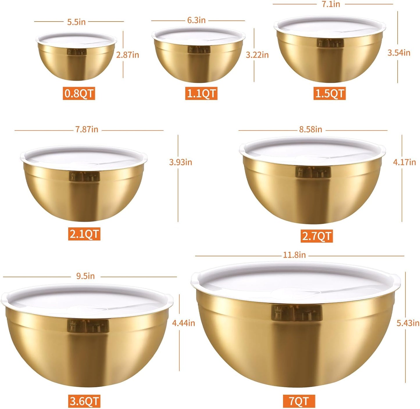 Gold Mixing Bowls With Airtight Lids,Stainless Steel Bowl,Salad Bowls 7 Piece Colorful Nesting Bowl Gold Kitchen Accessories,Size 7,3.6,2.7,2.1,1.5,1.1,0.8QT Stackable Design