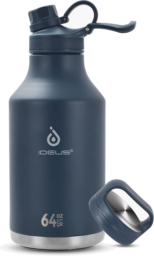 IDEUS Insulated Stainless Steel Water Bottle with 2 Leak-Proof Lids, Thermal Water Flask for Hiking Biking, 64oz, Navy Blue