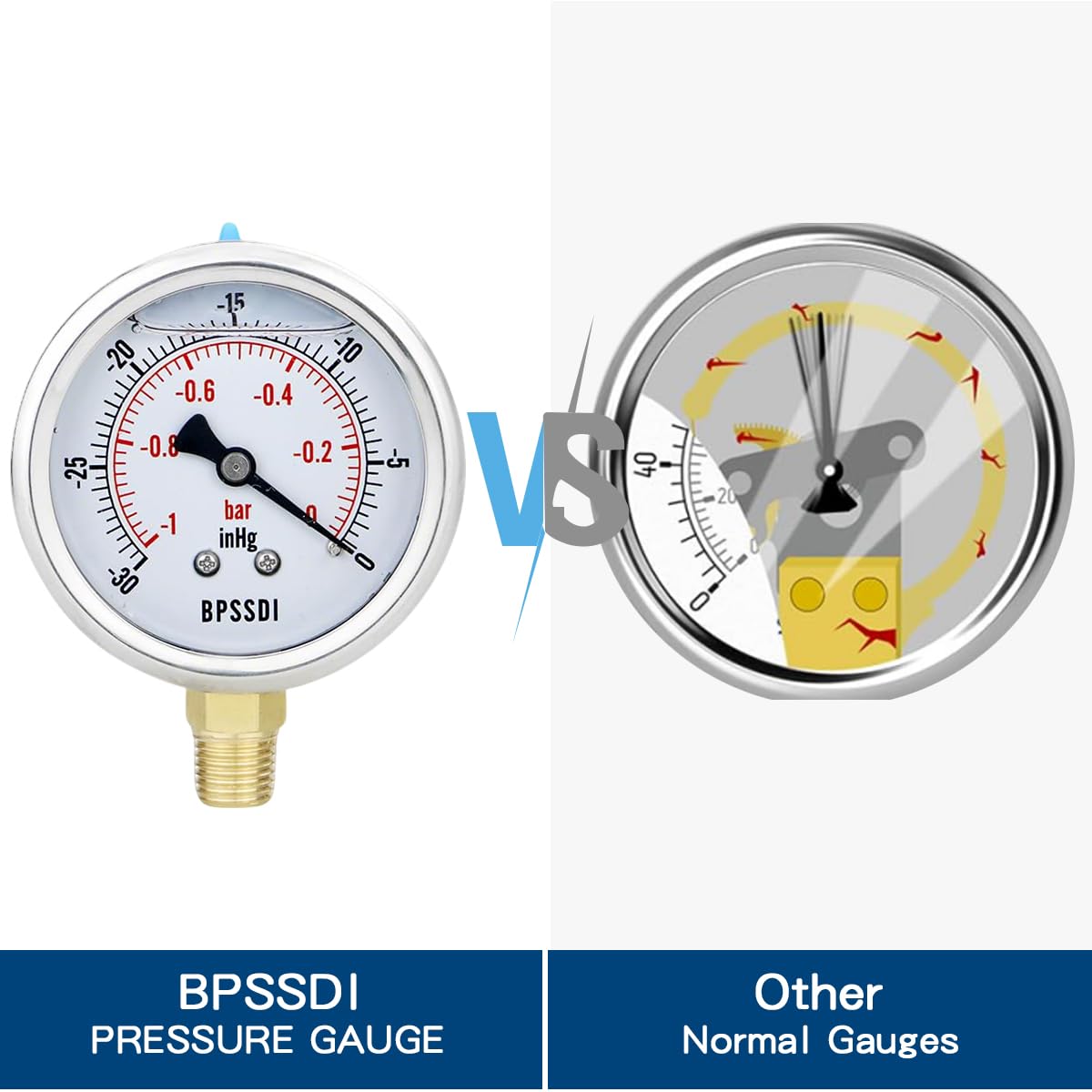 30 inHg Vacuum Silicone Oil Liquid Filled Low Pressure Gauge, 2.5" Dial Size, 1/4" NPT Lower Mount, 304 Stainless Steel Case, for Water Pipe, HVAC, Water Oil Air Pressure Test