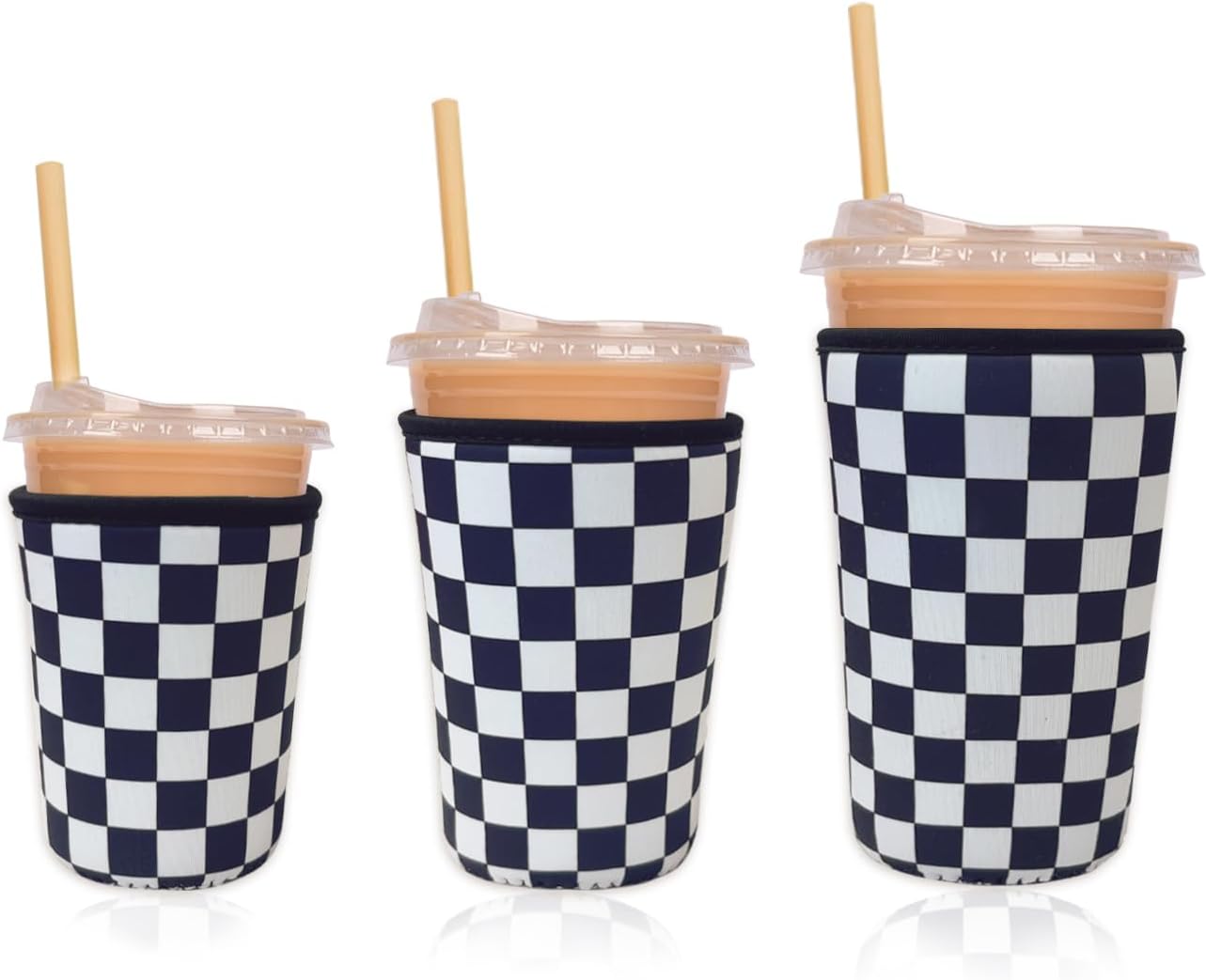 Reusable Insulated Neoprene Iced Coffee Cup Sleeve, Durable Drink Sleeve for Cold Beverages, Beverage Holder for Iced Coffee, Checker Grid