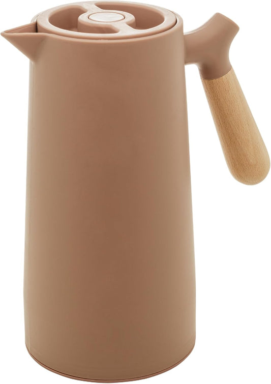 WOLFF - Thermal Coffee Carafe – 34oz/1L Insulated Food-Safe Plastic Exterior and Glass Liner, Wood-Style Handle – Keeps Drinks Hot or Cold for Hours, Coffee and Tea Dispenser - Nude Pink, 34floz/1L