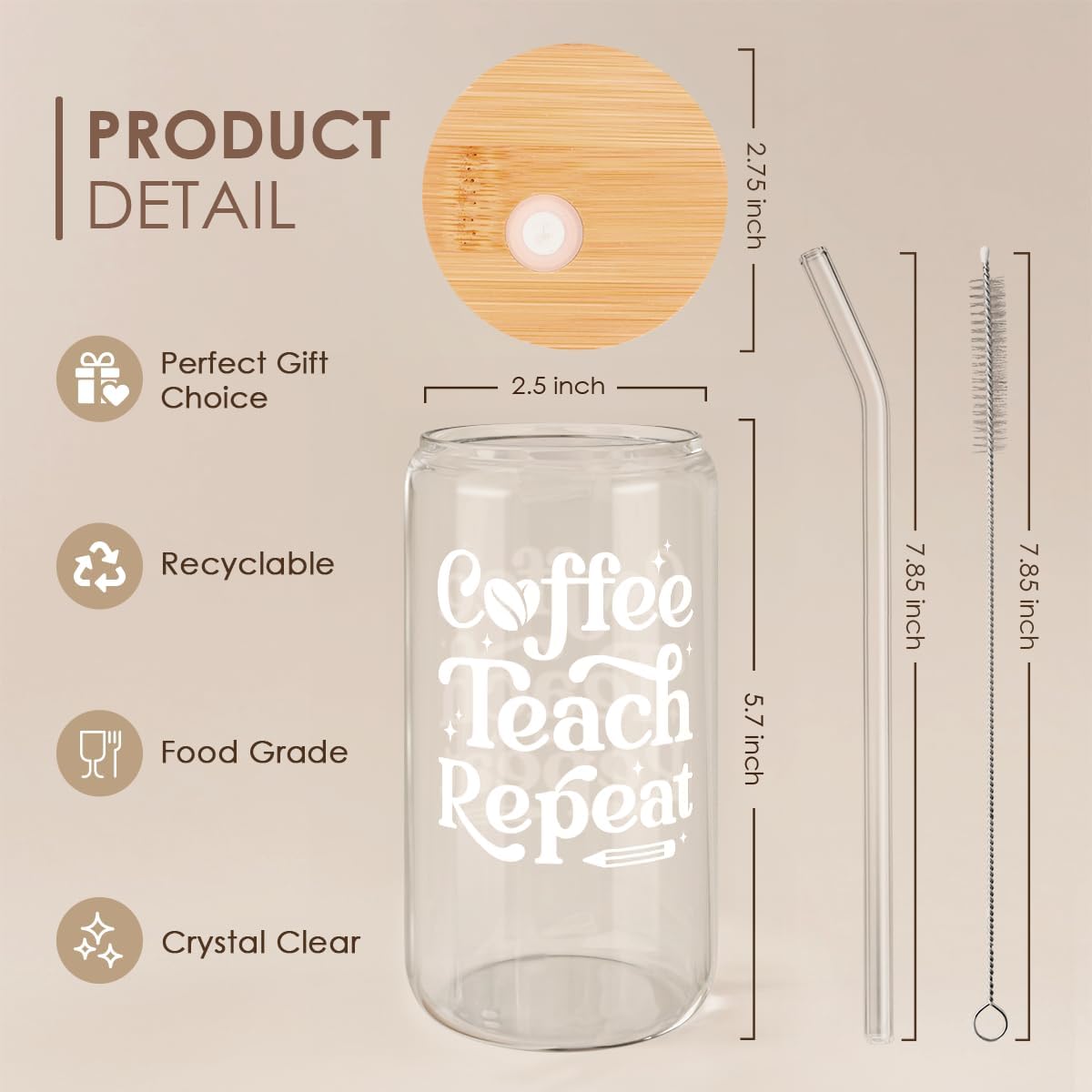 SANDJEST Teacher Glass Can, Coffee Teach Repeat Cup, Coffee Aesthetic Cups, Gift for Christmas Thanksgiving Birthday Teacher Appreciation, Gifts for Women, 16oz