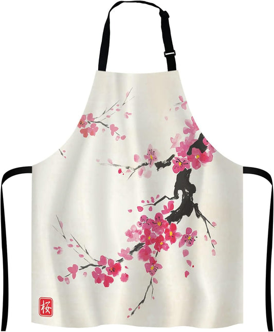 Japanese Cherry Bib Apron with Adjustable Neck for Men Women,Suitable for Home Kitchen Cooking Waitress Chef Grill Bistro Baking BBQ Apron
