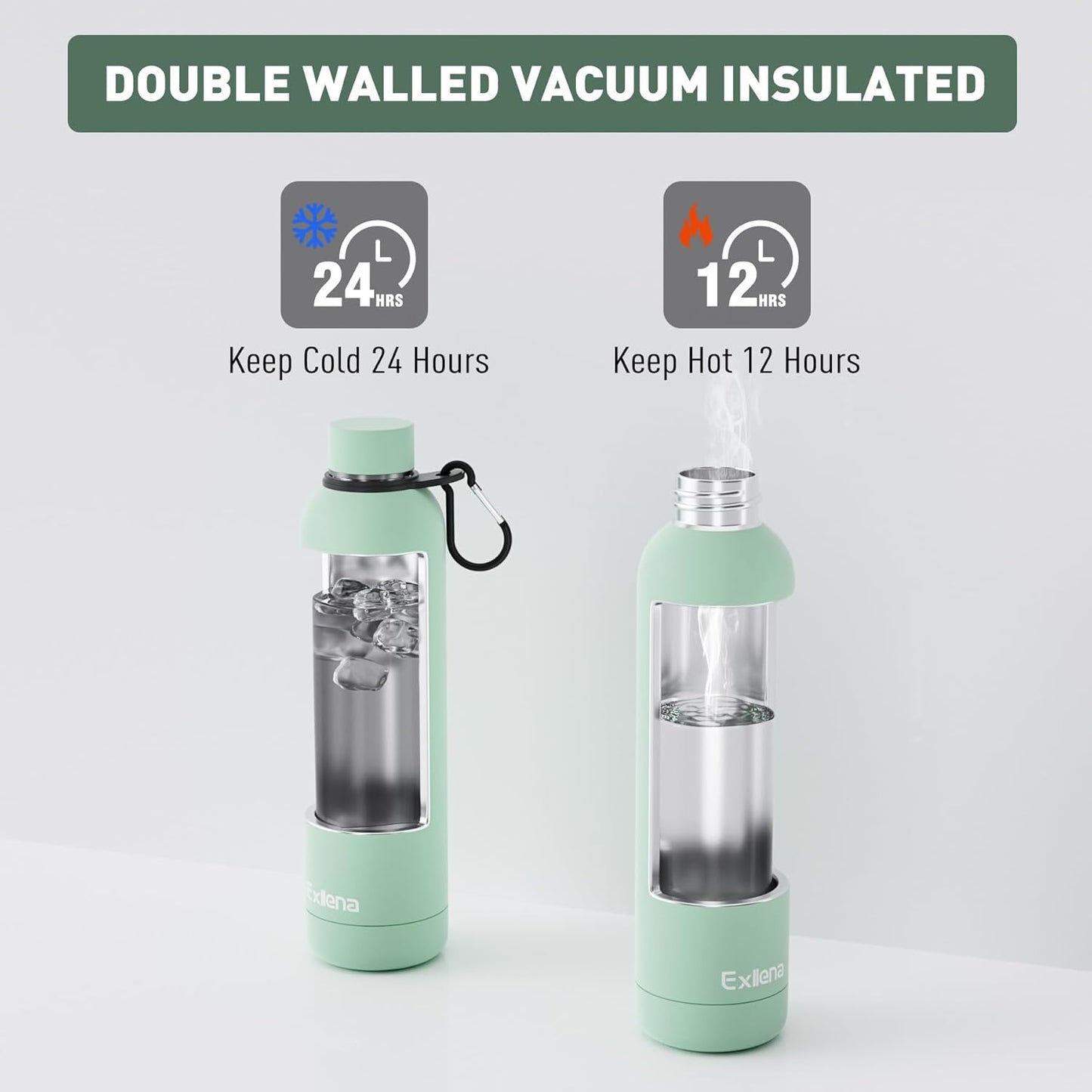Slim Insulated Water Bottles for Travel 32oz with Clip, Double Wall Vacuum Stainless Steel Water Bottle Keeps Drinks Cold 24 Hrs/Hot 12 Hrs, 100% Leakproof, BPA Free(Mint)