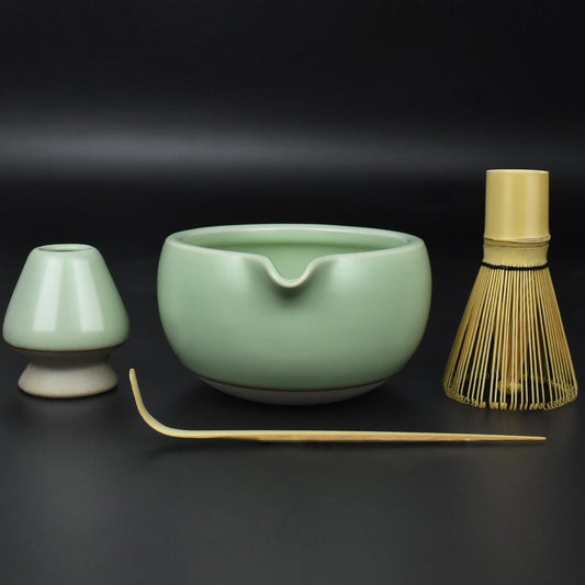 Artcome 4 Pcs Complete Matcha Ceremony Kit - Japanese Bowl With Pouring Spout, Whisk, Holder, Scoop - Tea Set for Making Usucha, Koicha and Latte (Green)