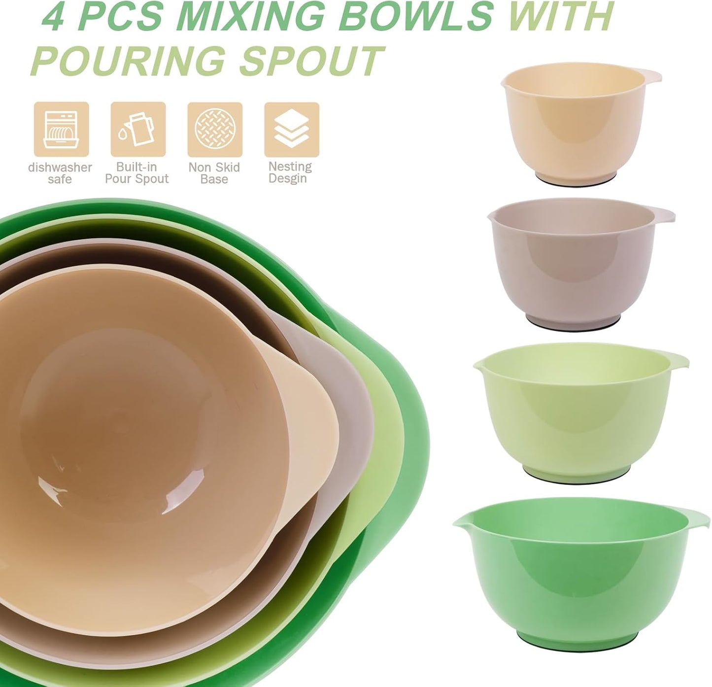 BoxedHome Classic Mixing Bowl Set, BPA Free Plastic, Microwave and Dishwasher Safe, 4.5 quarts (Sage)