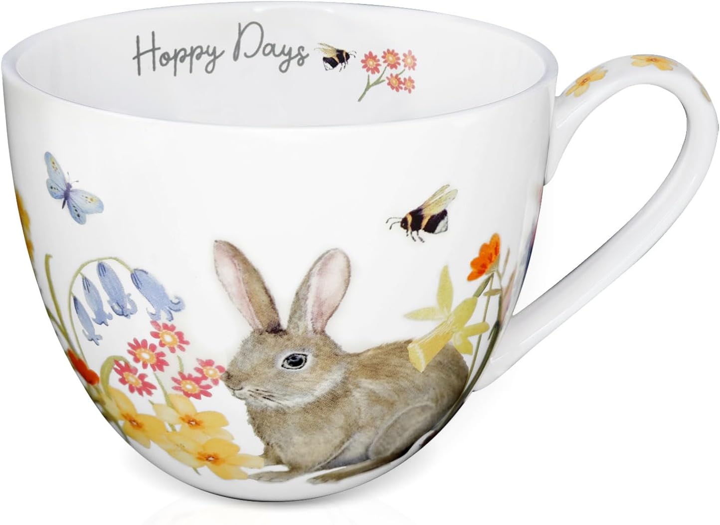 20 oz Rabbit Coffee Hug Mug, Spring Flowers & "Happy Days" Slogan, Premium Bone China Cute Bunny Mug, Perfect Holiday and Birthday Gift for Women, Designed in England by Harvest Green Studio
