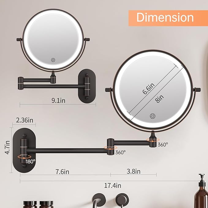 5000mAh Rechargeable Wall Mounted Lighted Makeup Vanity Mirror Double Sided 1X - Image 5