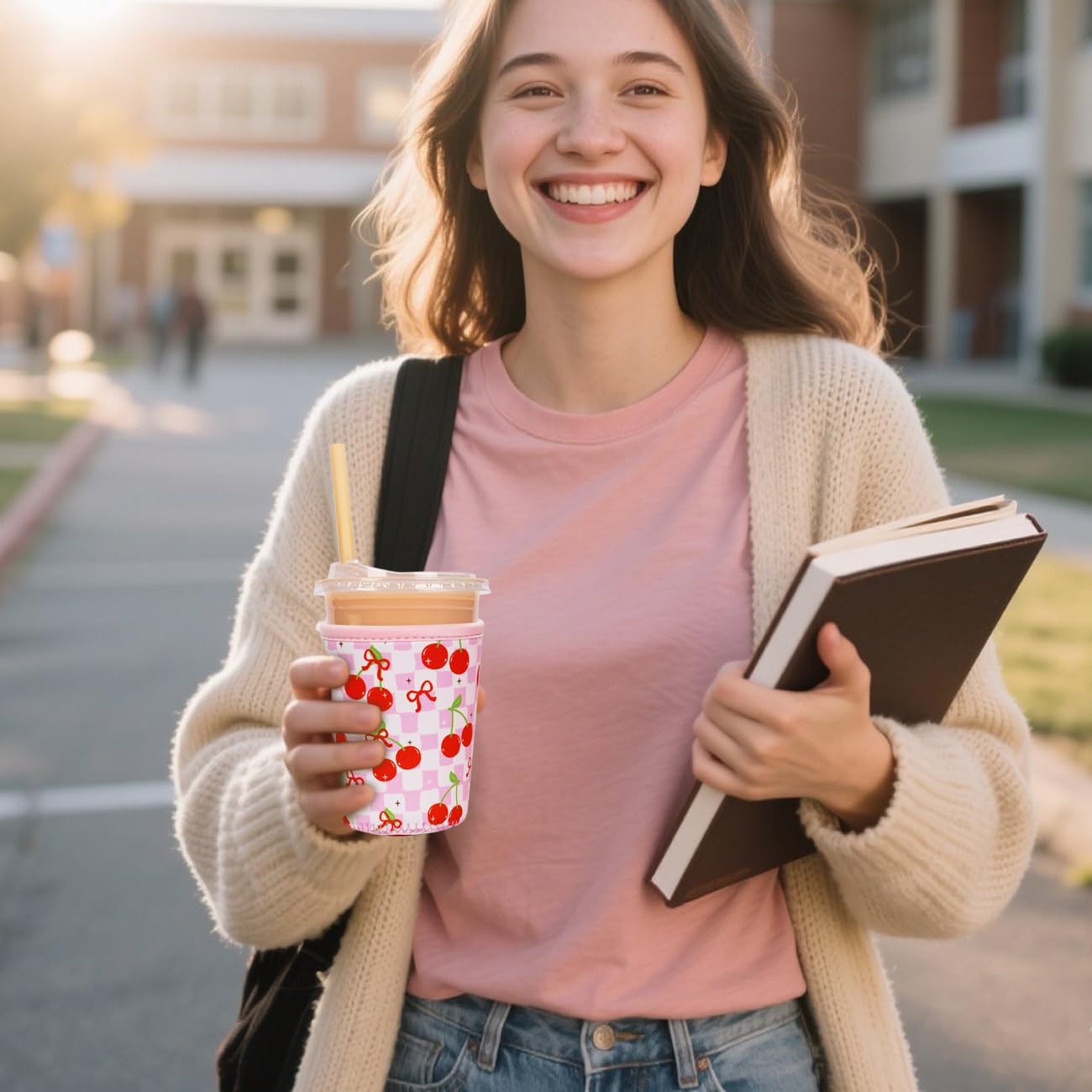 Reusable Insulated Neoprene Iced Coffee Cup Sleeve, Durable Drink Sleeve for Cold Beverages, Beverage Holder for Iced Coffee, Cherry Gleam