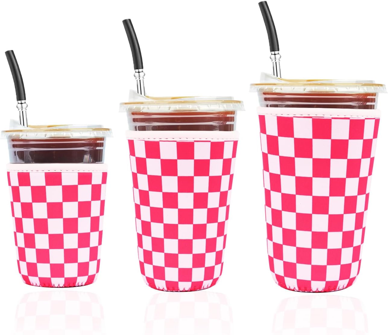 Reusable Insulated Neoprene Iced Coffee Cup Sleeve, Durable Drink Sleeve for Cold Beverages, Beverage Holder for Iced Coffee, Pink Grid